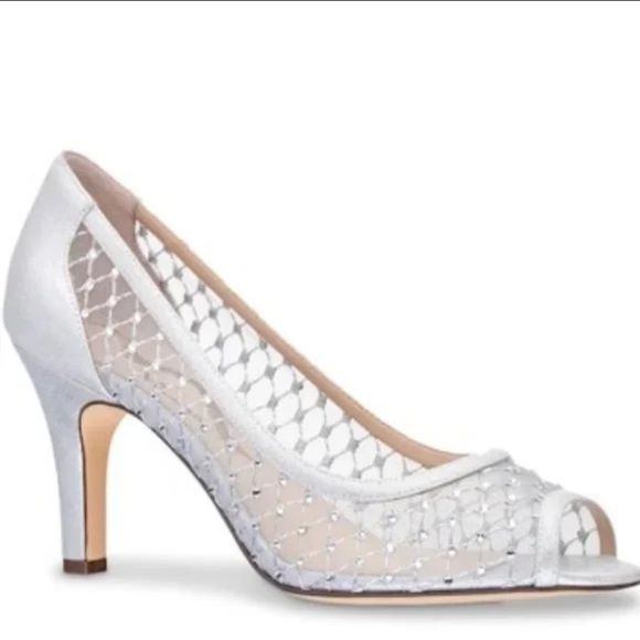Nina Fanya Fawn Silver Mesh Special Occasion Peep Toe Heels Pumps - Picture 1 of 9
